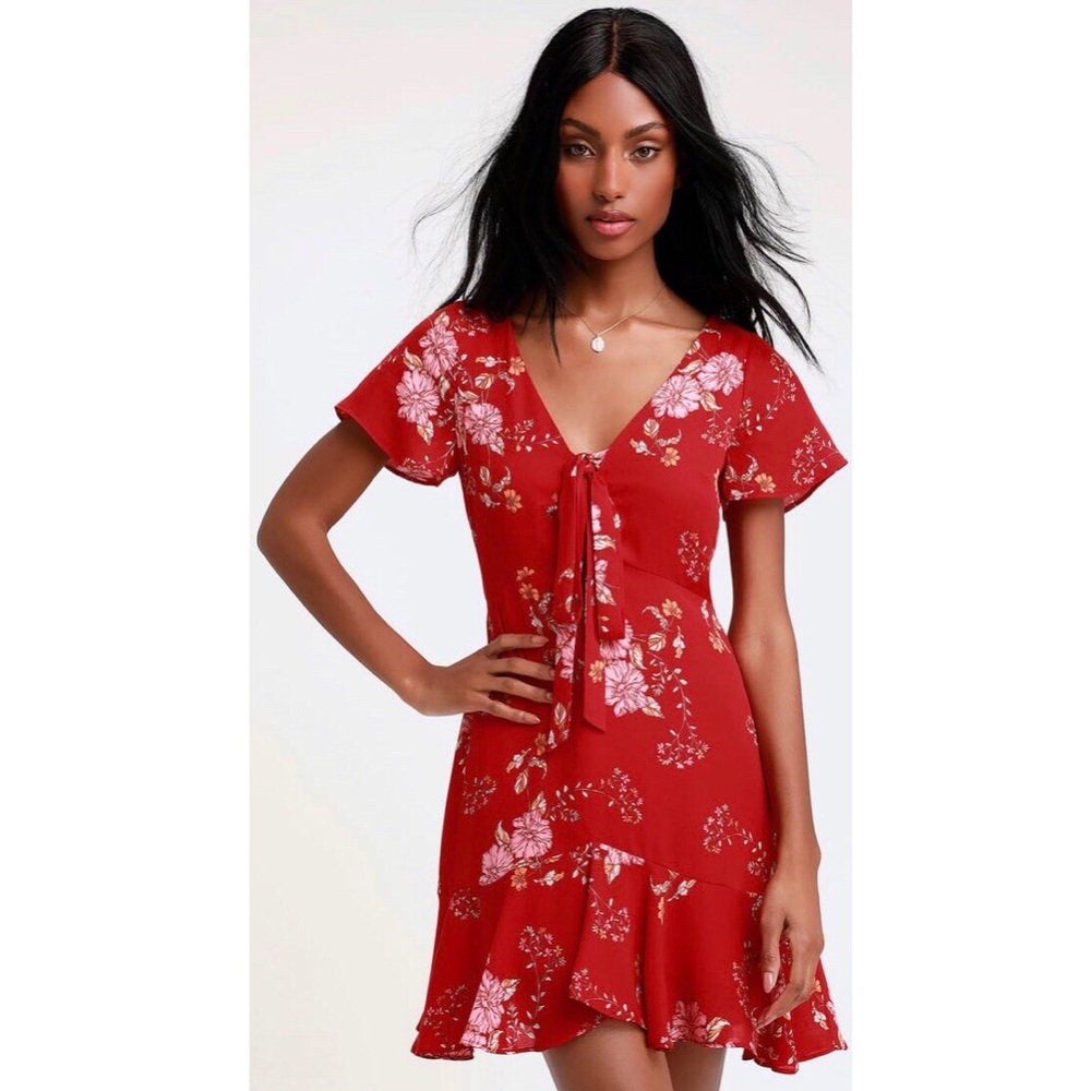 Red floral tie front Lulus dress